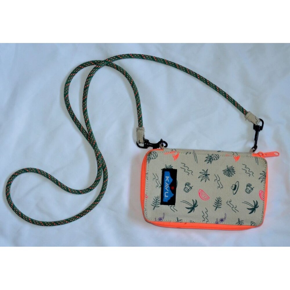 Kavu Wallet Crossbody Bi-Fold Rope Strap Tropical Beach Neon Coral Accent Color